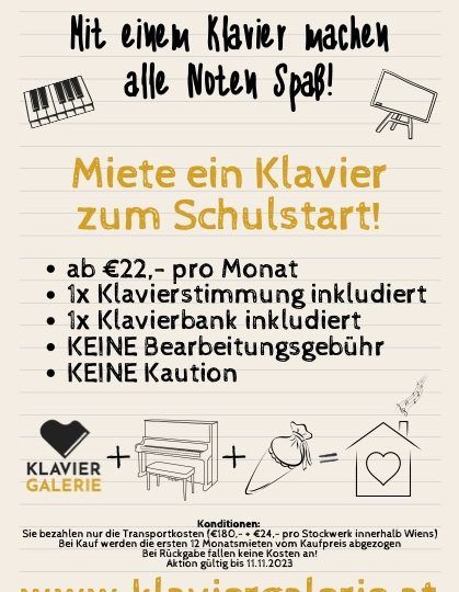 A5 Poster mit Angebotskonditionen für Klaviermiete zu Schulstart mit Bildern von einer Tastatur, Klavier, Schultüte und Logo der Klavier Galerie