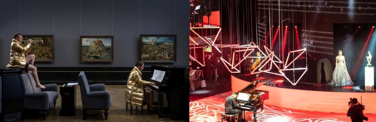 Zwei Beispiele für unser Event-Service: zwei Musiker musizieren in gedämpftem Licht, es scheint ein sanftes Konzert zu sein, und im zweiten Bildausschnitt wird in einem hell erleuchteten Studio ein Pianist aufgenommen